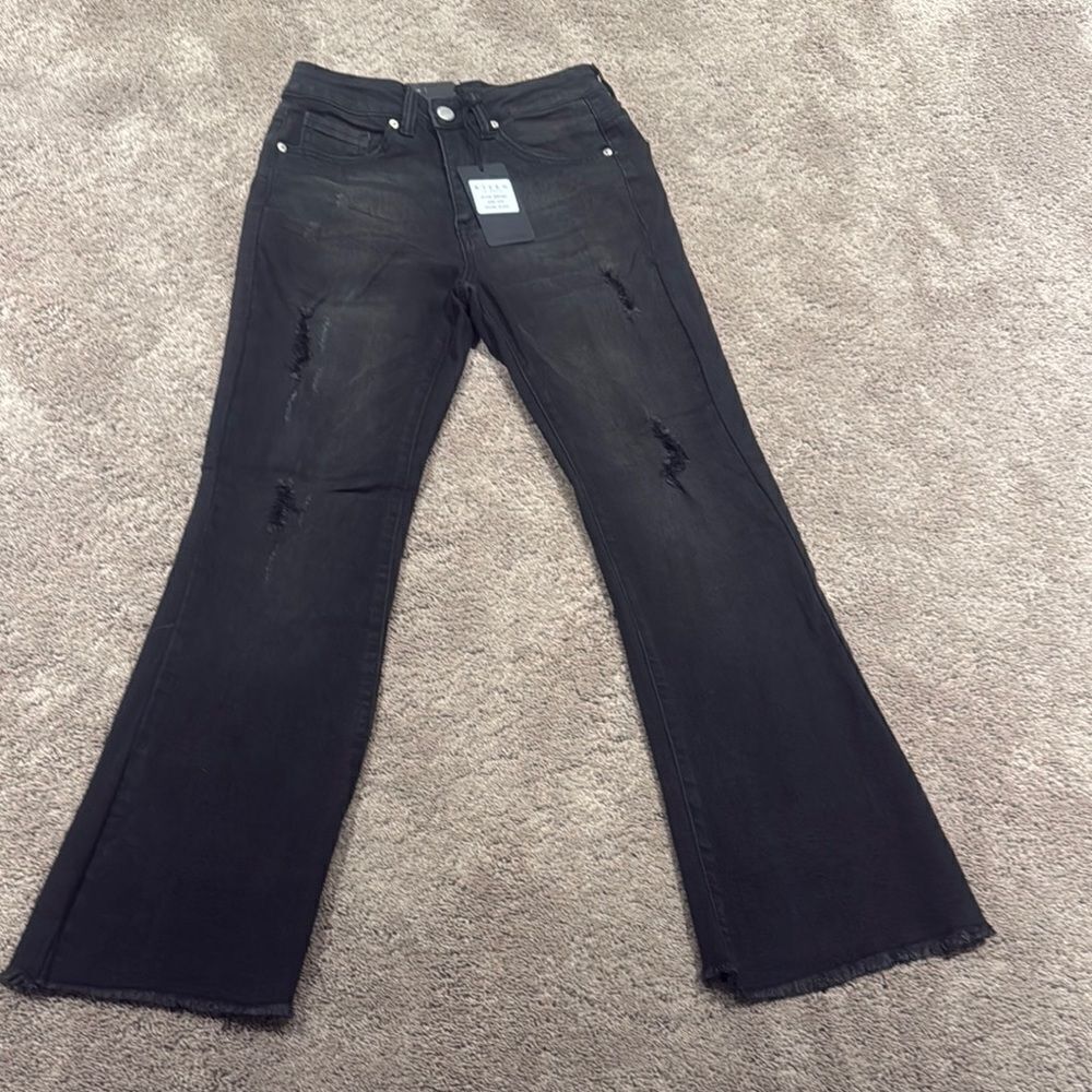 Black Flare Wide Leg Jeans with Distressing super stretchy risen brand